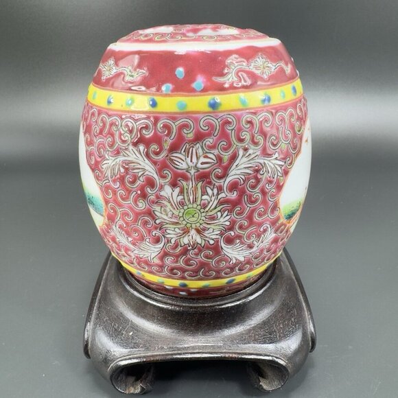 Republic Of China Porcelain Ginger Jar Canister Container Wood Stand Marked VTG - Picture 10 of 16